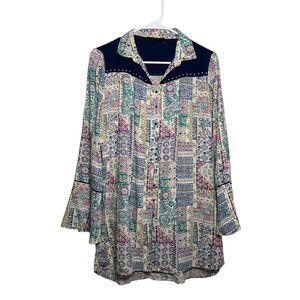 Madame Blouse Women's XL Button Up Artsy Boho Printed Flare 3/4 Sleeve Top